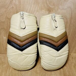 Vintage Hotfingers Leather Mittens Lined Cream Brown Chevron Zipper Skiing Women
